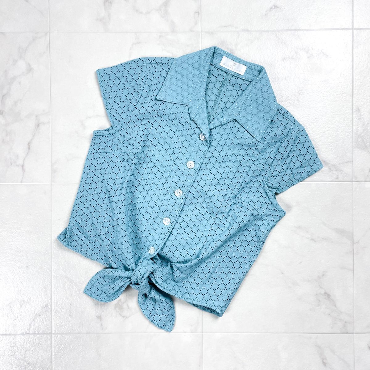 美品 KarL ParK Lane カールパークレーン サークルレースブラウス フレンチスリーブ トップス レディース サックスブルー サイズ7*GD1008拍卖