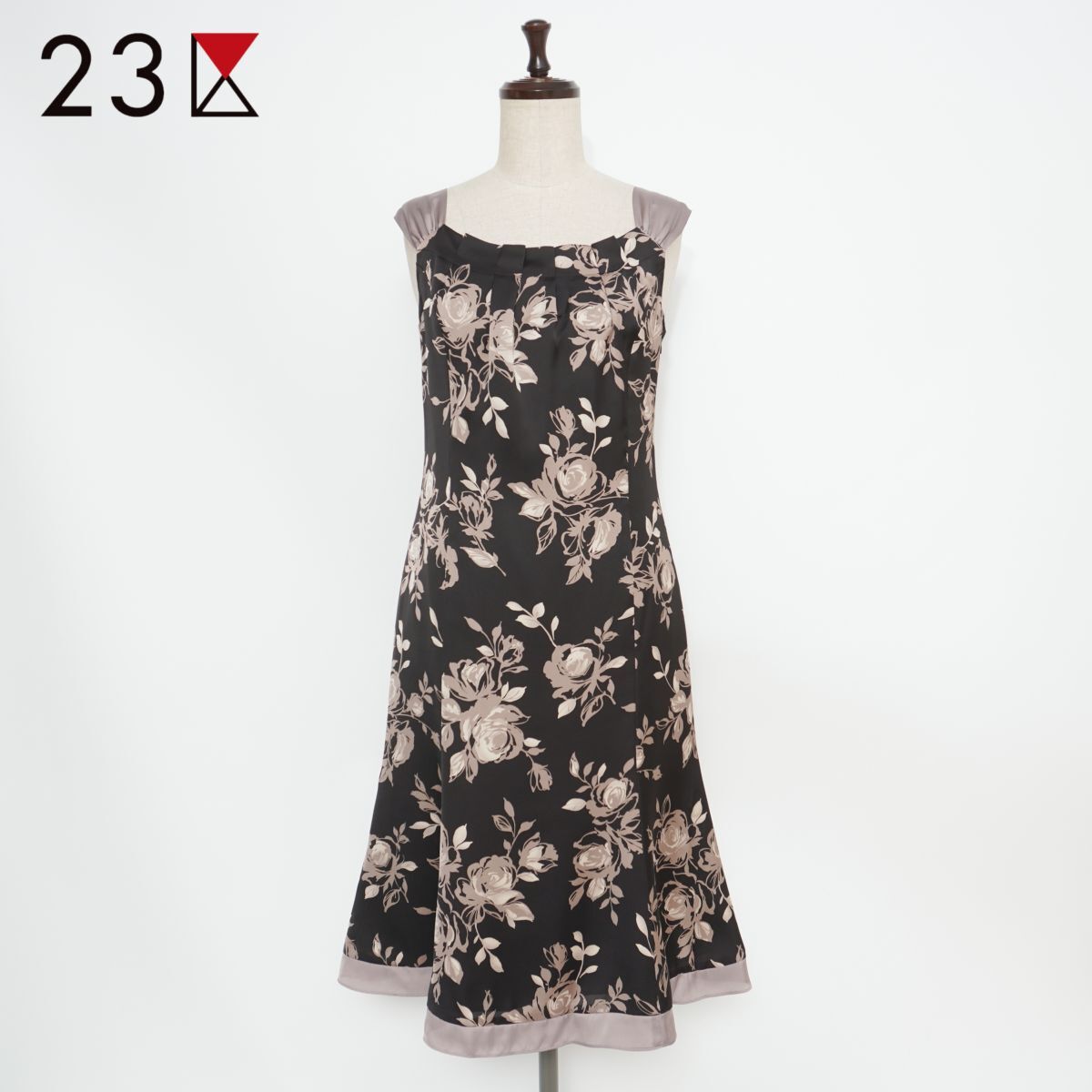 23区 applaudir アプロディール ワンワード樫山 サテンローズワンピース ドレス ミモレ丈 裏地付 レディース ブラック 黒 サイズ38*GD1017拍卖