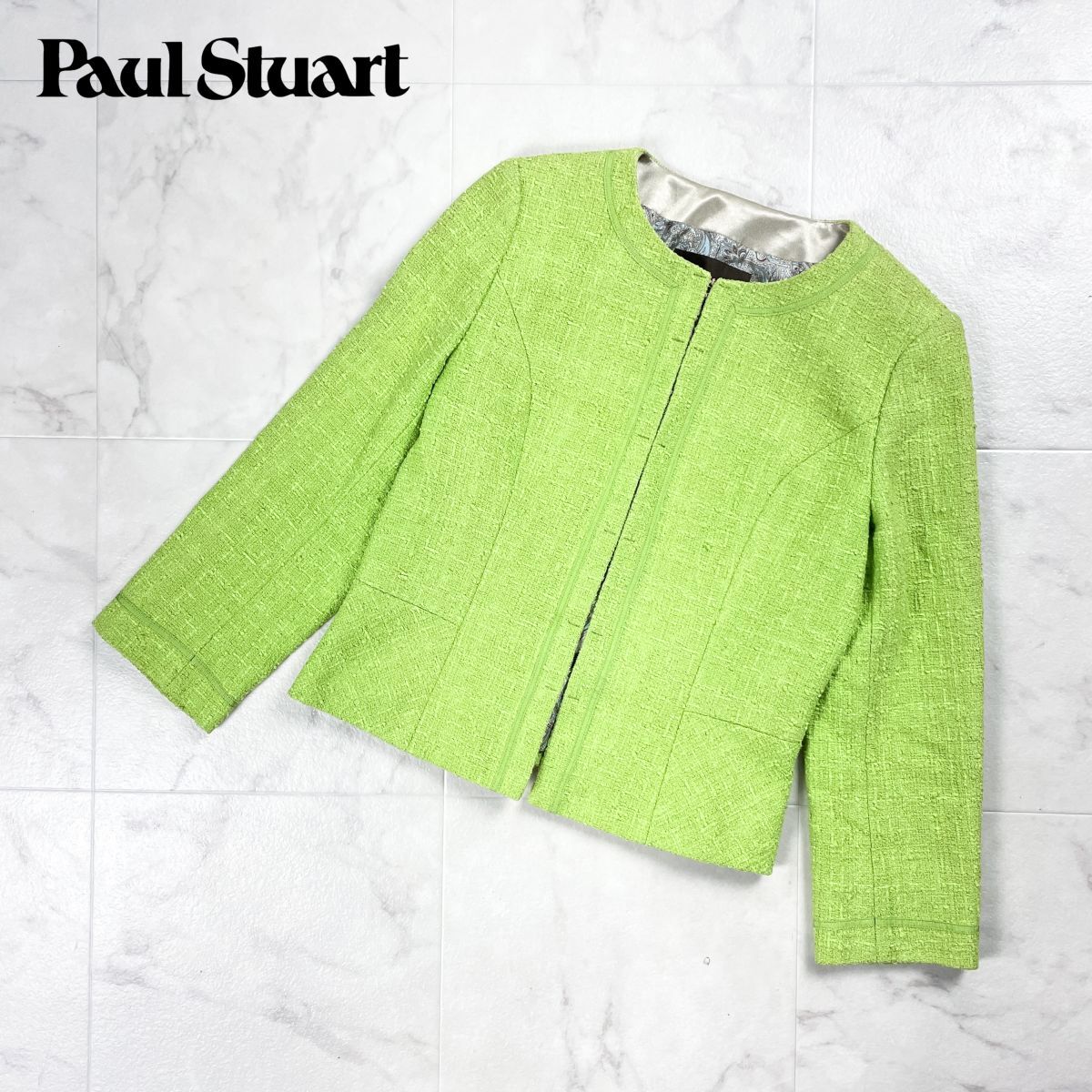 美品 Paul Stuart ポールスチュアート ノーカラージャケット 裏地総裏 レディース ピスタチオグリーン サイズ8*GD1010拍卖