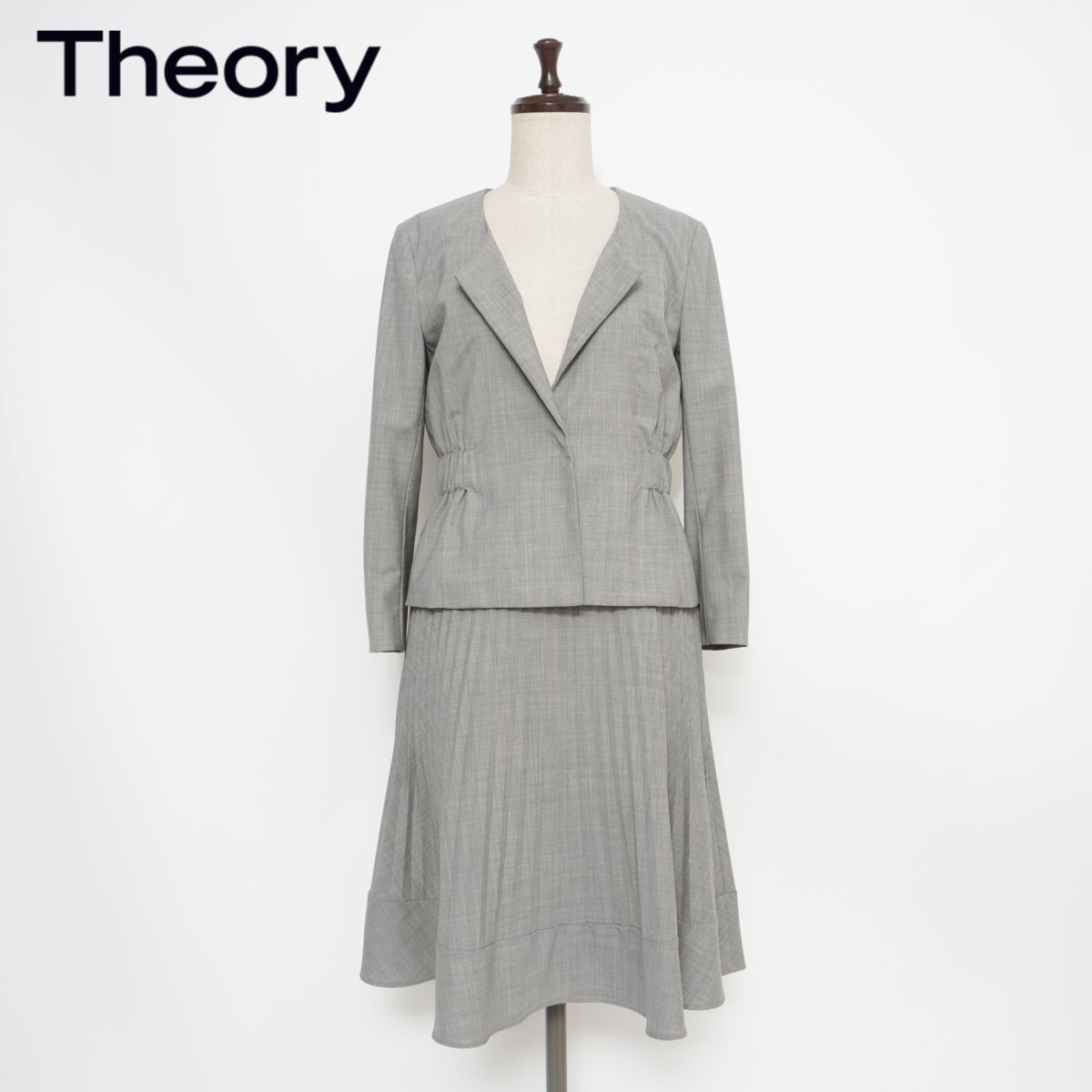 美品 theory セオリー ウール混 セットアップスカートスーツ 開襟ジャケット フレアスカート 膝丈 レディース グレー サイズ2*GD1014拍卖