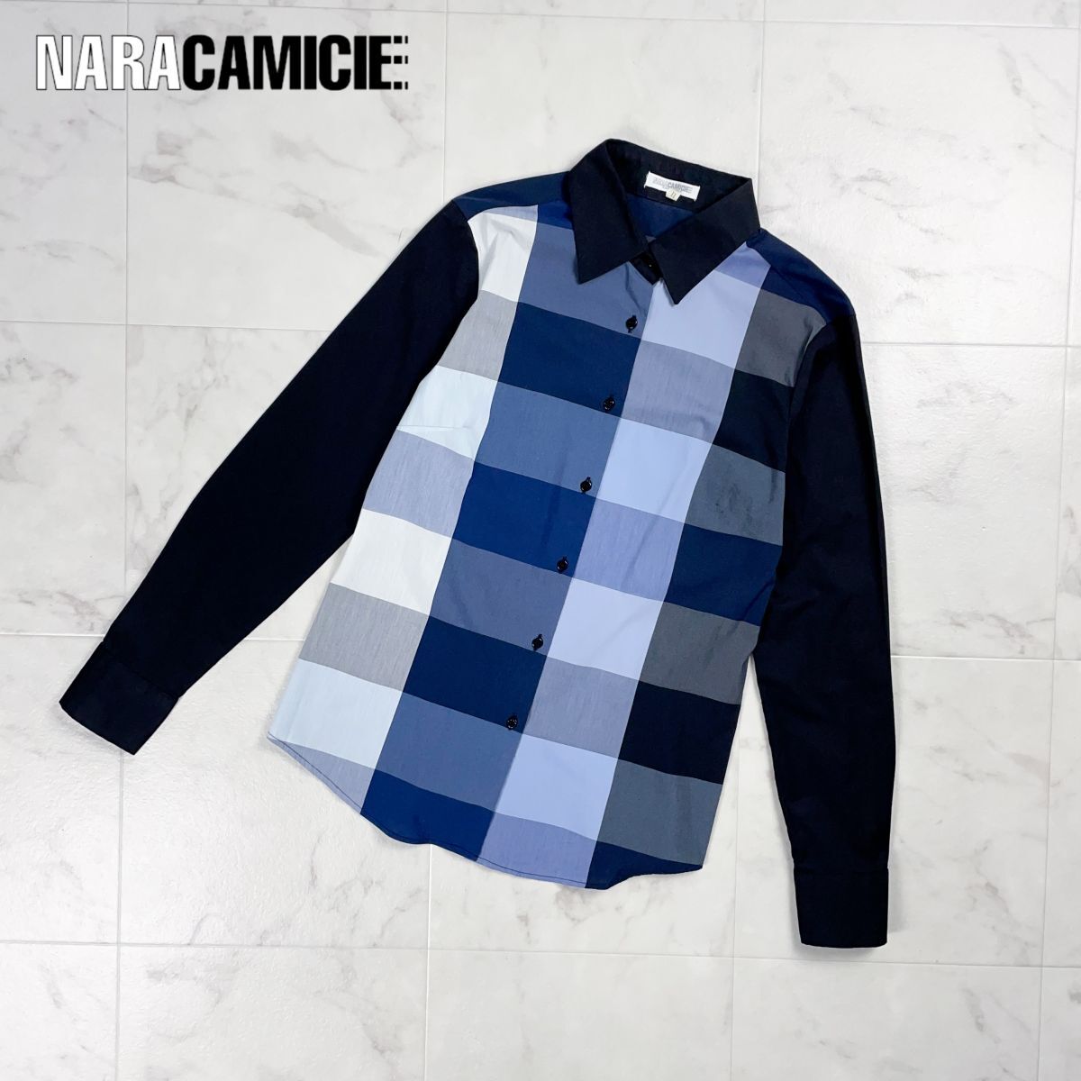 NARA CAMICIE ナラカミーチェ ブロックチェック&ボーダーシャツ 長袖 トップス レディース ブラック系 サイズ2*GD1058拍卖