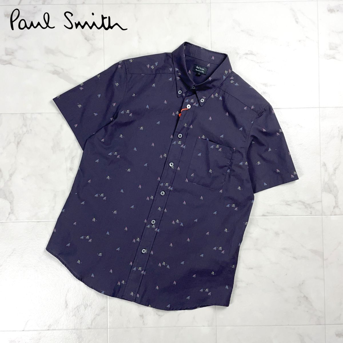 新品未使用 Paul Smith ポール・スミス Drawn by Paul Road Bike SHT 総柄シャツ 自転車柄 トップス メンズ 濃紫 サイズL*GD1071拍卖