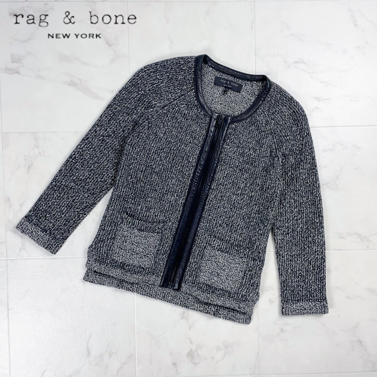 美品 rag&bone ラグアンドボーン ウール混 パイピングジップニットジャケット ノーカラー レディース ブラック系 サイズXS*GD1055拍卖