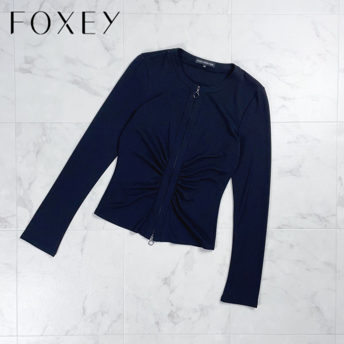 FOXEY NEWYORK フォクシーニューヨーク フロントジップギャザーカーディガン トップス レディース ブラック 黒 サイズ40*GD1052拍卖