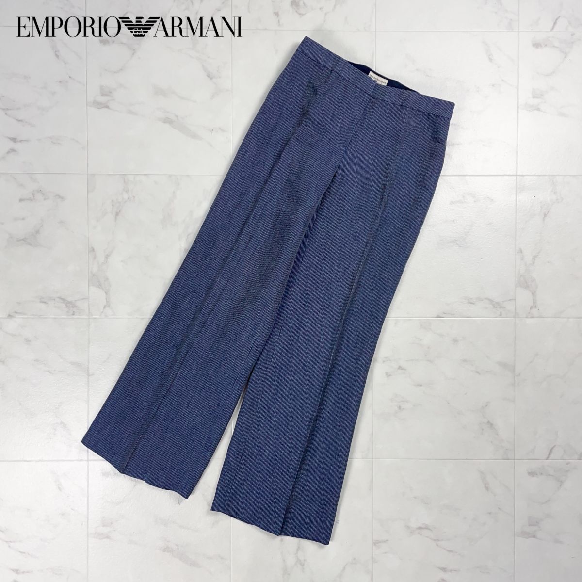 美品 EMPORIO ARMANI エンポリオアルマーニ リネン混 ストライプワイドスラックスパンツ ボトムス レディース ネイビー 紺 サイズ40*GD1061拍卖