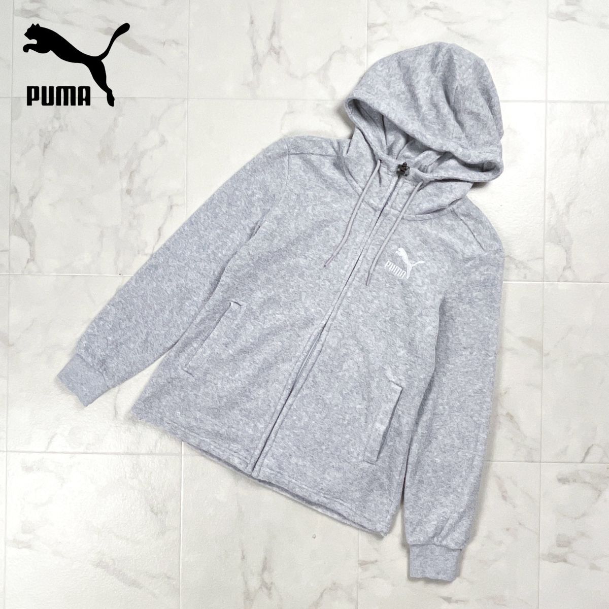 PUMA プーマ 長袖 パイルジップパーカー フーディ 裏起毛 タオル地 レディース ライトグレー サイズS*GD327拍卖