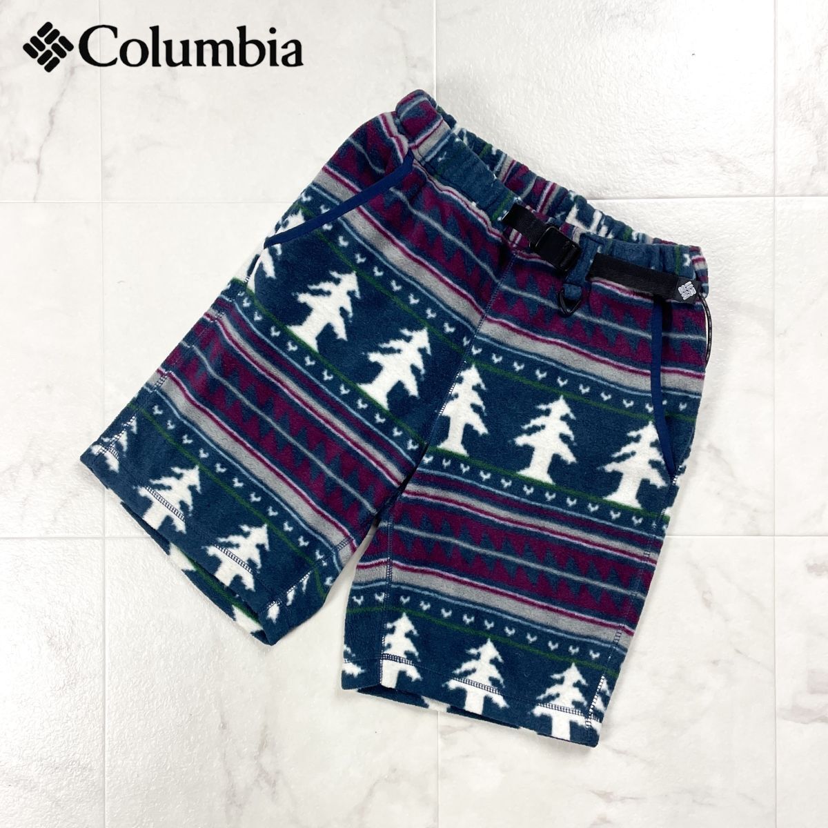 Columbia コロンビア フリースショーツ スノーパターン 総柄 ボーダー ショートパンツ メンズ 赤 レッド グリーン系 サイズXS*GD333拍卖
