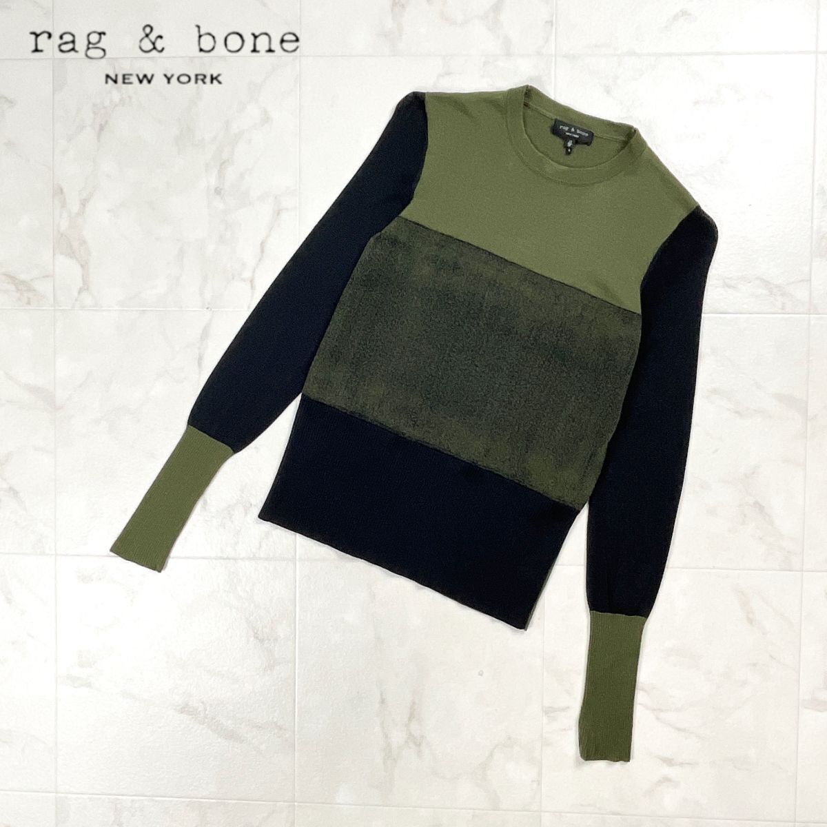 美品 rag&bone ラグアンドボーン メリノウールカラーブロックセーター パッチワーク長袖ニット レディース カーキ オリーブ サイズXS*GD336拍卖