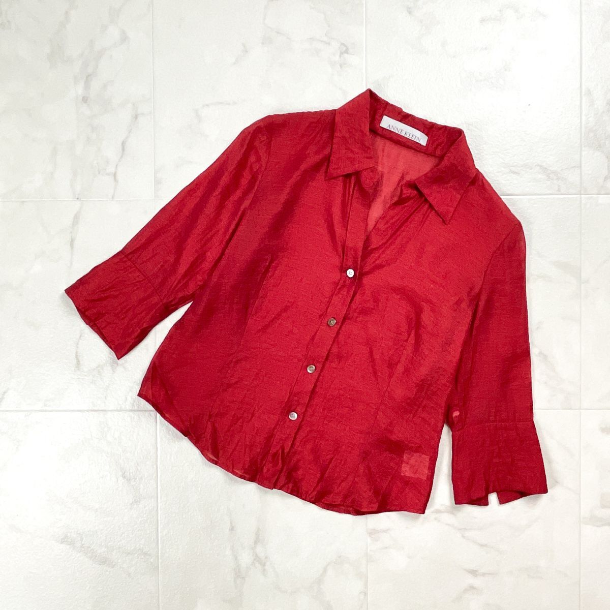 ANNE KLEIN アンクライン 七分袖スキッパーラメブラウス シルク混 開襟シャツ 薄手 シースルー レディース 赤 レッド サイズ7*GD341拍卖