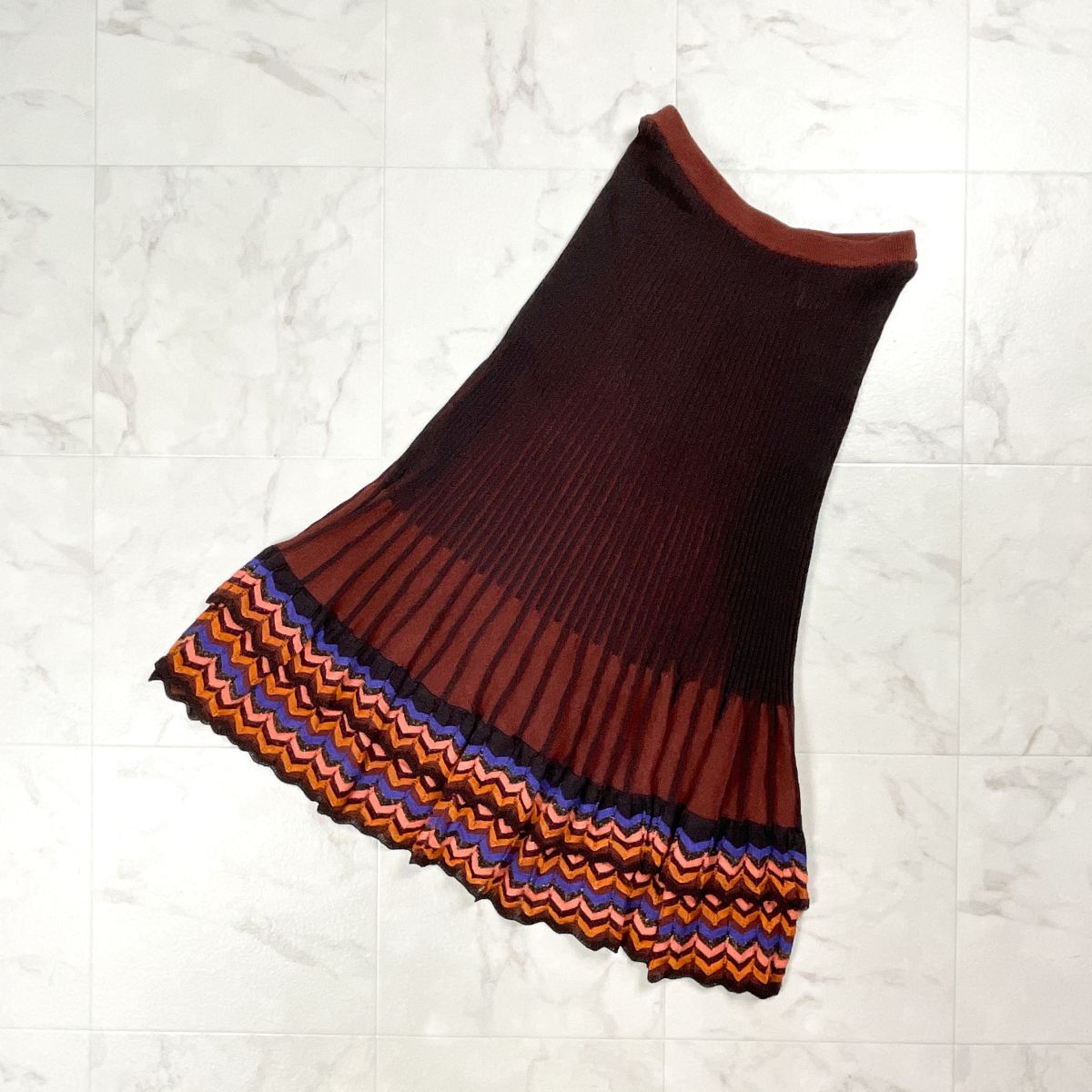 HIROKO KOSHINO ヒロココシノ プリーツフレアニットスカート ティアードイージースカート ミモレ丈 ロング丈 ブラウン 茶色 サイズ40*GD347拍卖