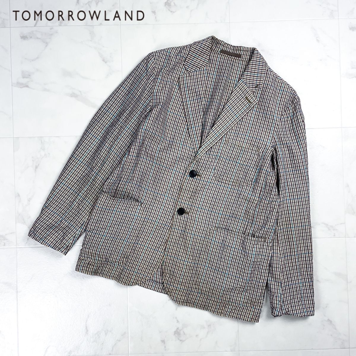 TOMORROWLAND トゥモローランド シルク チェック柄シアサッカーテーラードジャケット 薄手 裏地なし メンズ ブラウン 茶色 サイズ44*GD321拍卖