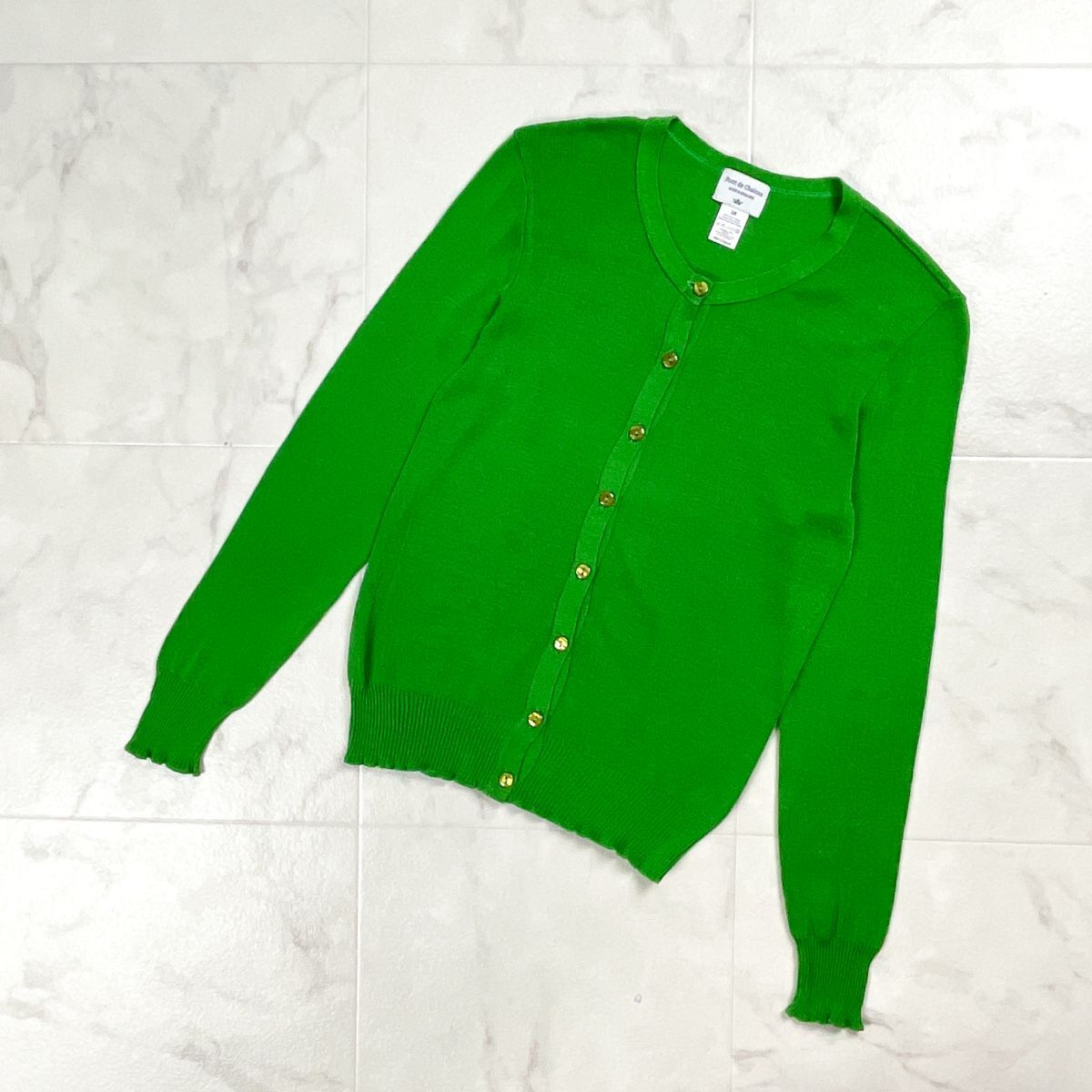 美品 pont de chalons ポンデシャロン コットンクルーネックカーディガン 長袖ニット 綿セーター レディース 緑 グリーン サイズ38*GD338拍卖