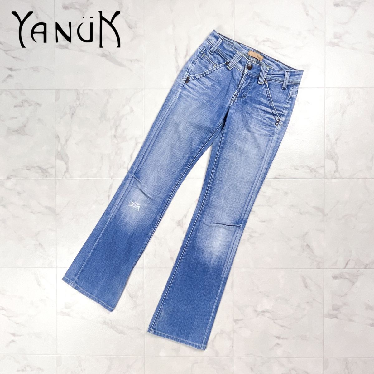 YANUK ヤヌーク ブーツカットデニムパンツ セミフレアジーンズ ダメージ加工 Gパン レディース 青 ライトブルー サイズ23*GD346拍卖