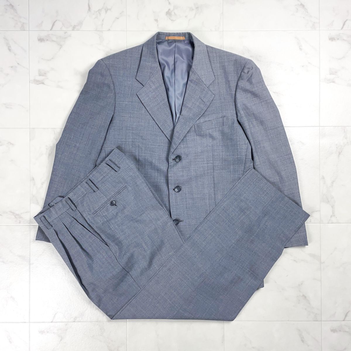 美品 FARAGO ファラゴ AOKI アオキ セットアップスーツ テーラードジャケット スラックス 背抜き メンズ グレー サイズA5*GD324拍卖