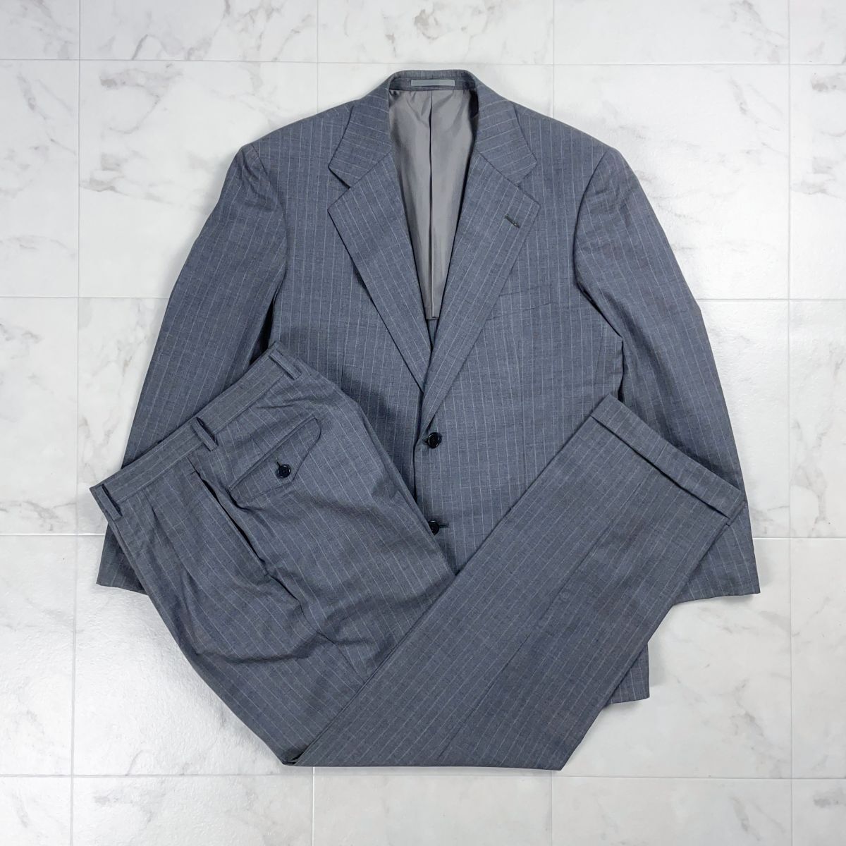 STUART KENT スチュアートケント ピンストライプセットアップスーツ テーラードジャケット スラックス 背抜 メンズ グレー サイズA5*GD365拍卖
