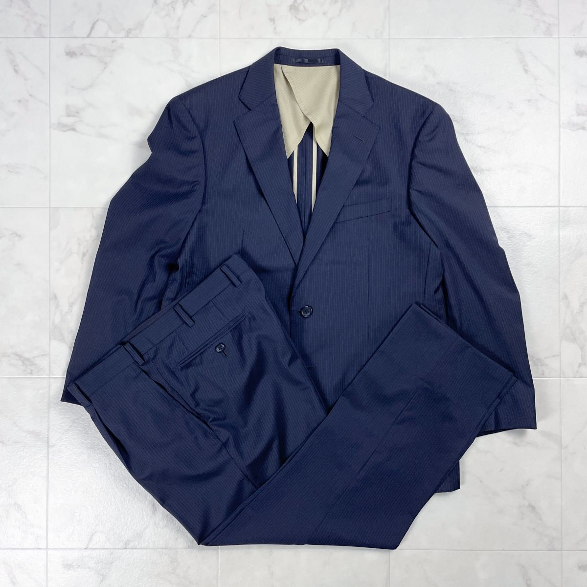 THE SUITS PLUS ザスーツプラス セットアップスーツ REDA ストライプ ジャケット スラックス 背抜き メンズ 黒 ブラック サイズL相当*GD364拍卖