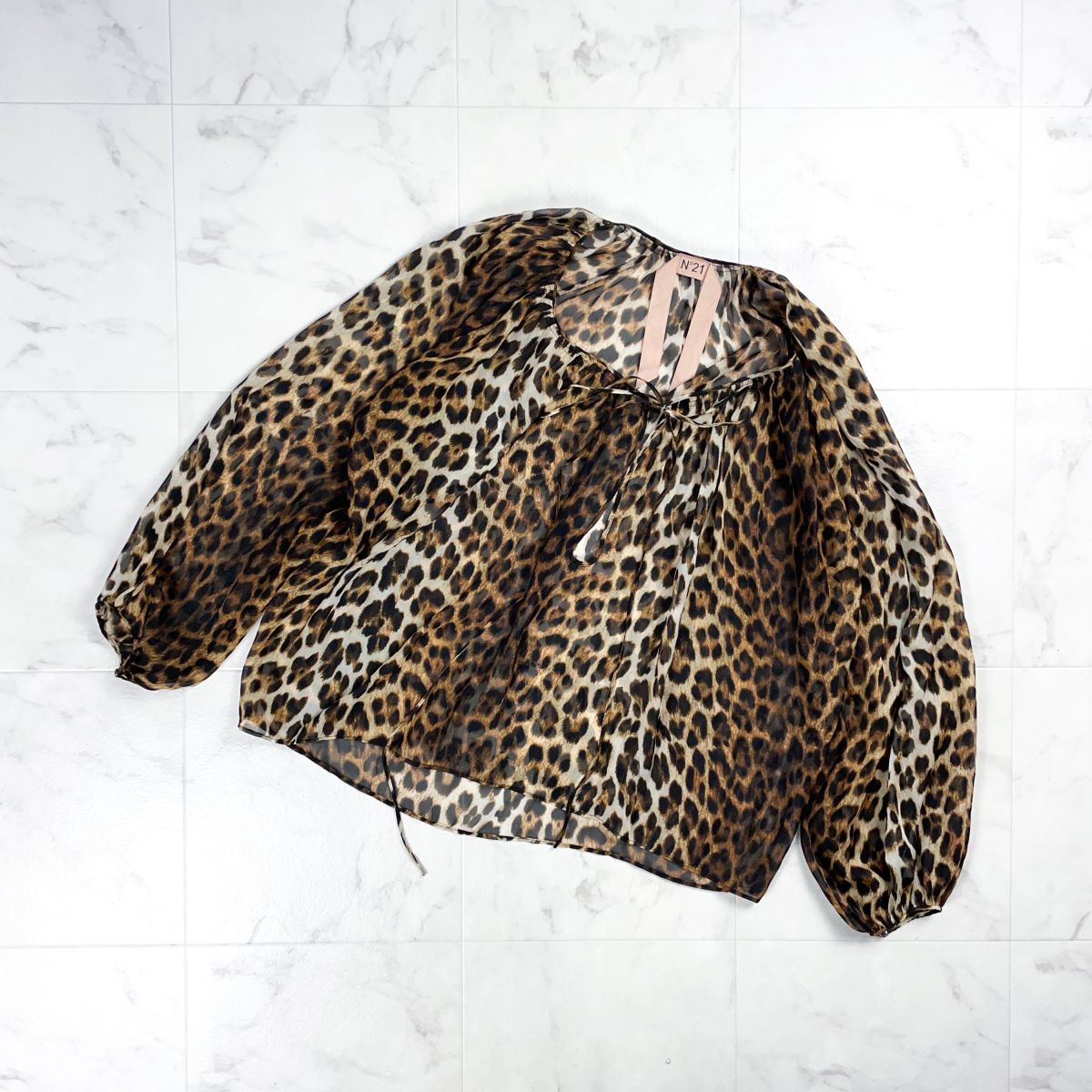 美品 N°21 ヌメロヴェントゥーノ レオパード柄シースループルオーバー 豹柄 シルク 長袖ブラウス レディース ブラウン 茶色 サイズF*GD316拍卖