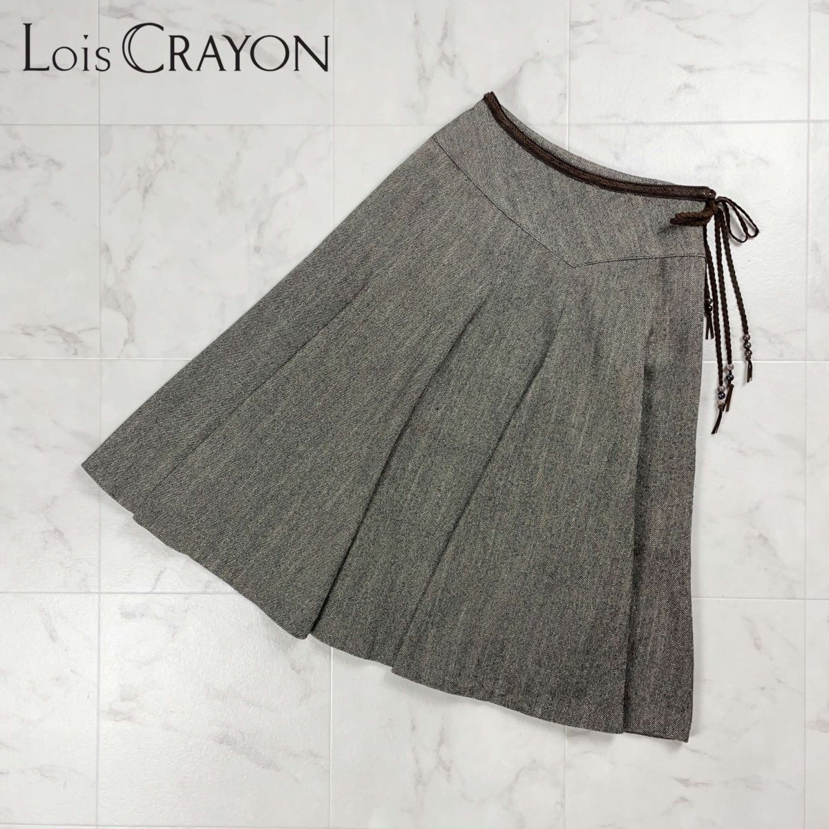 Lois CRAYON ロイスクレヨン ウール混 ラメツイードスレアスカート 裏地付き ミモレ丈 ブラウン 茶 サイズM*GD1049拍卖