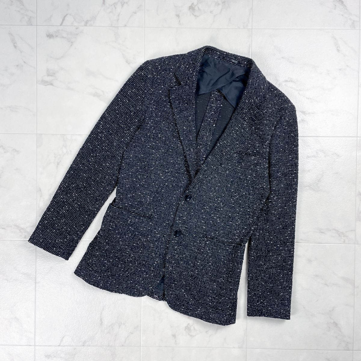 美品 EDIFICE Belesto エディフィス べレスト ツイードテーラードジャケット 背抜き メンズ ネイビー 紺 サイズ46*GD1050拍卖