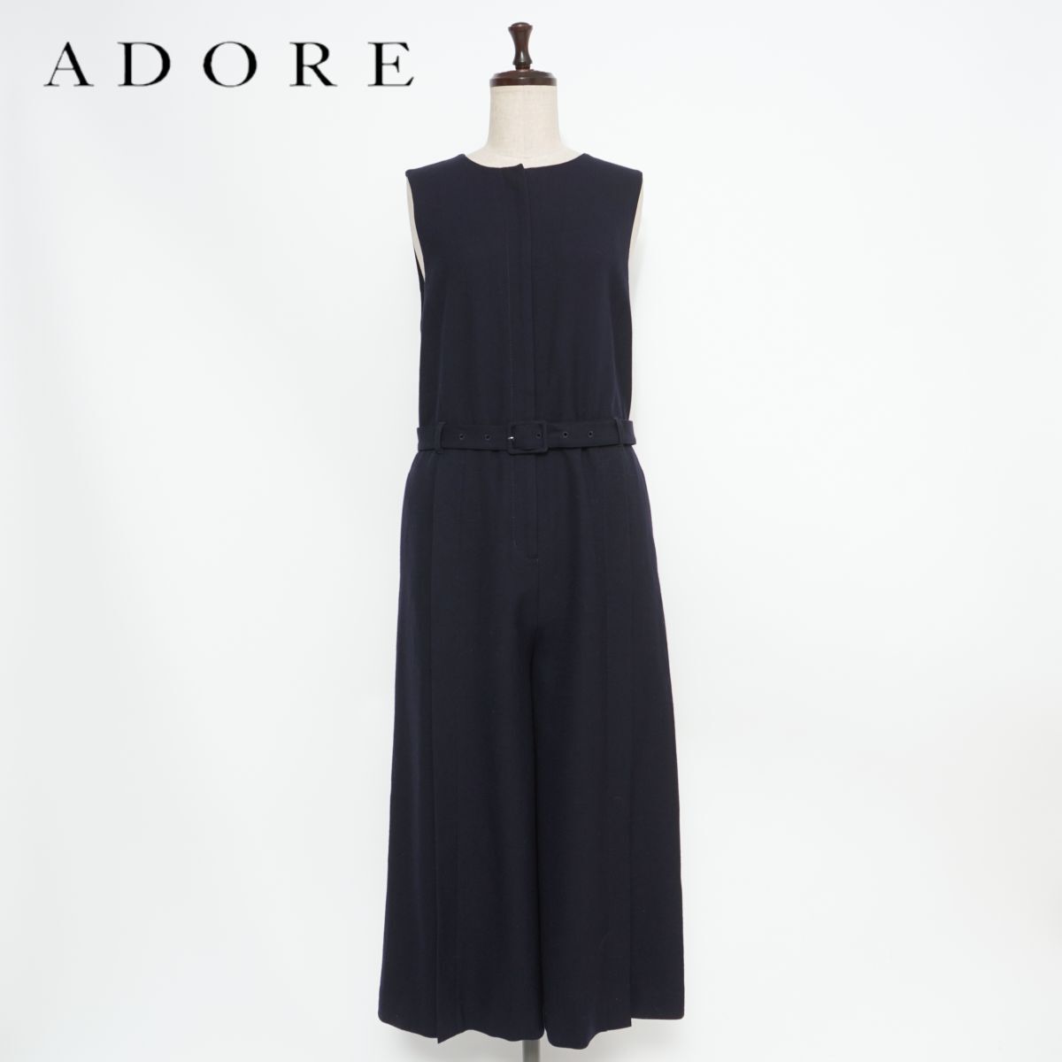 ADORE アドーア ウール混 ノースリーブワイドオールインワン オーバーオール 裏地 レディース ネイビー 紺 サイズ36*GD1111拍卖
