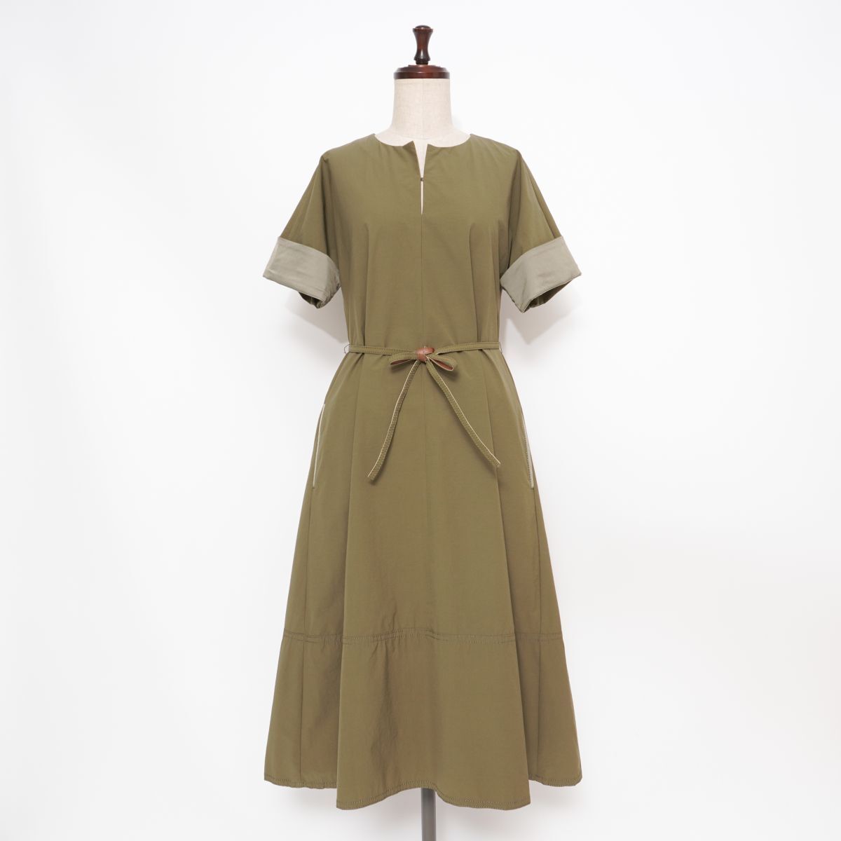 美品 MORABITO BLANC モラビトブラン スキッパーロングワンピース 裏地なし レディース カーキ サイズ38*GD1013拍卖