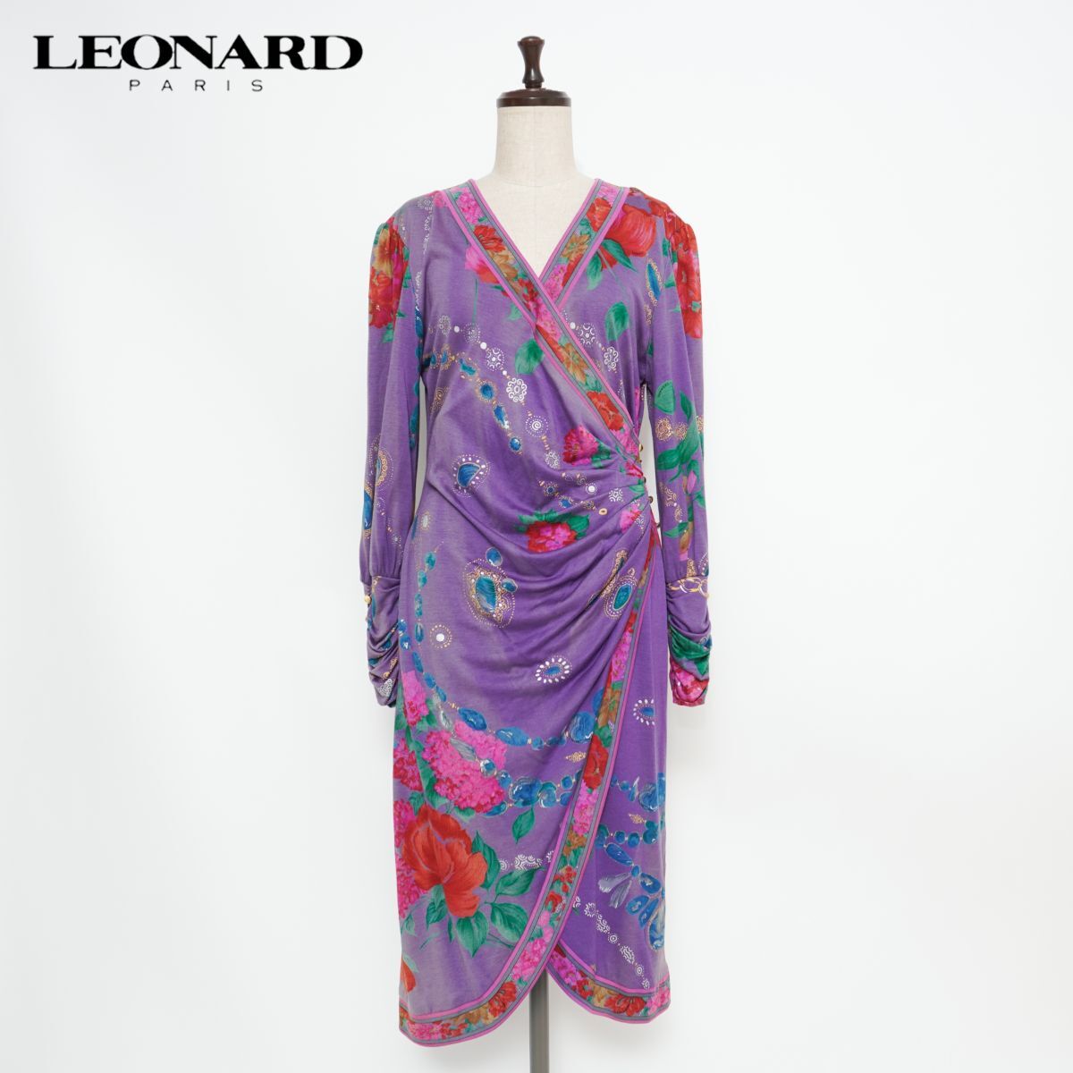 LEONARD レオナール ウール・シルク混 カシュクールタックギャザードレス ワンピース レディース パープル 紫 サイズL*GD1110拍卖