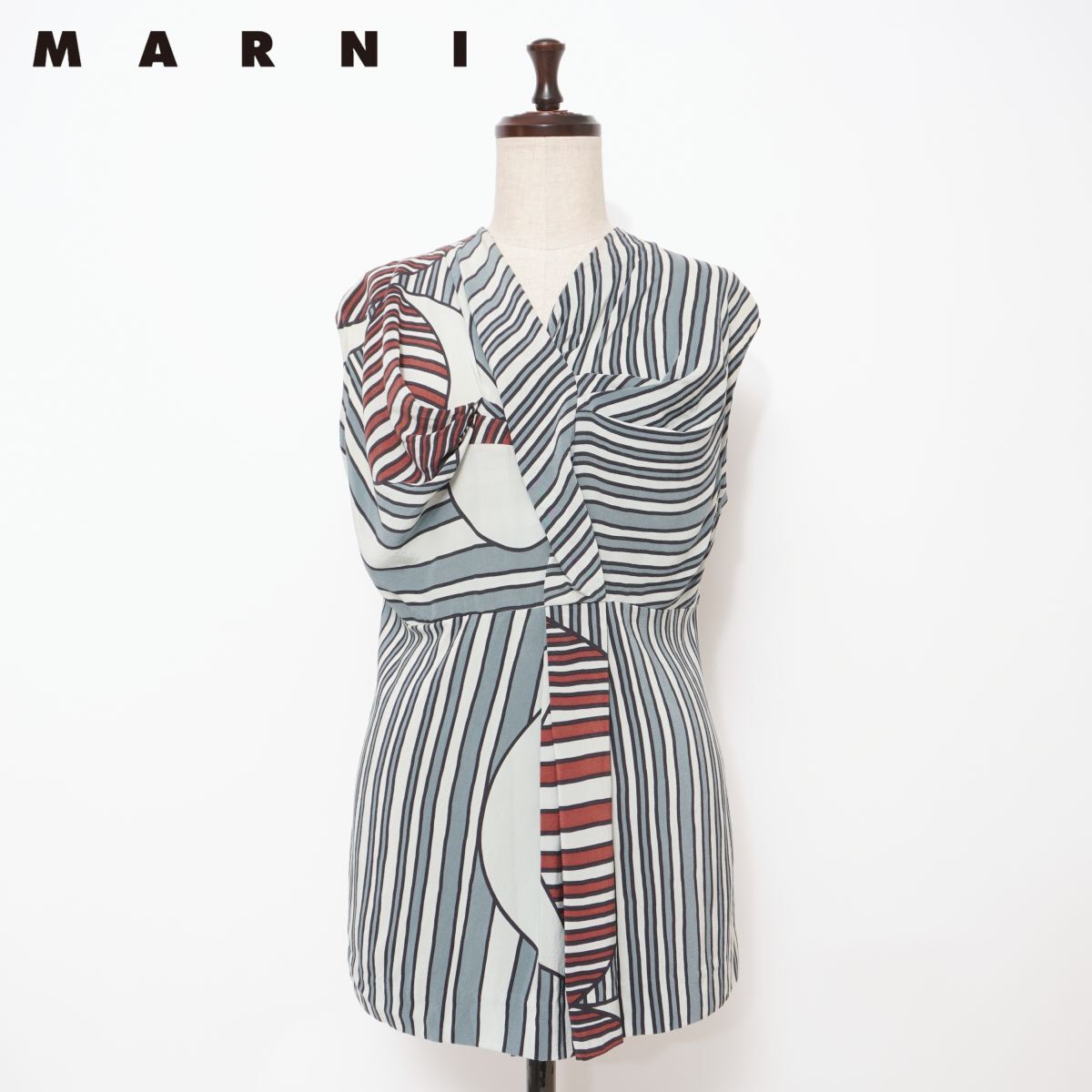 MARNI マルニ シルク100% マルチストライプVネックノースリーブブラウス トップス イタリア製 レディース ブルー系 サイズ38*GD737拍卖