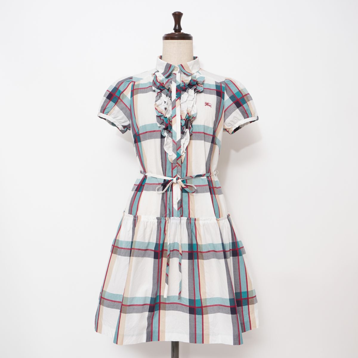 美品 BURBERRY BLUE LABEL バーバリーブルーレーベル チェック柄フリルシャツワンピース 裏地なし 膝丈 マルチカラー サイズ36*GD748拍卖