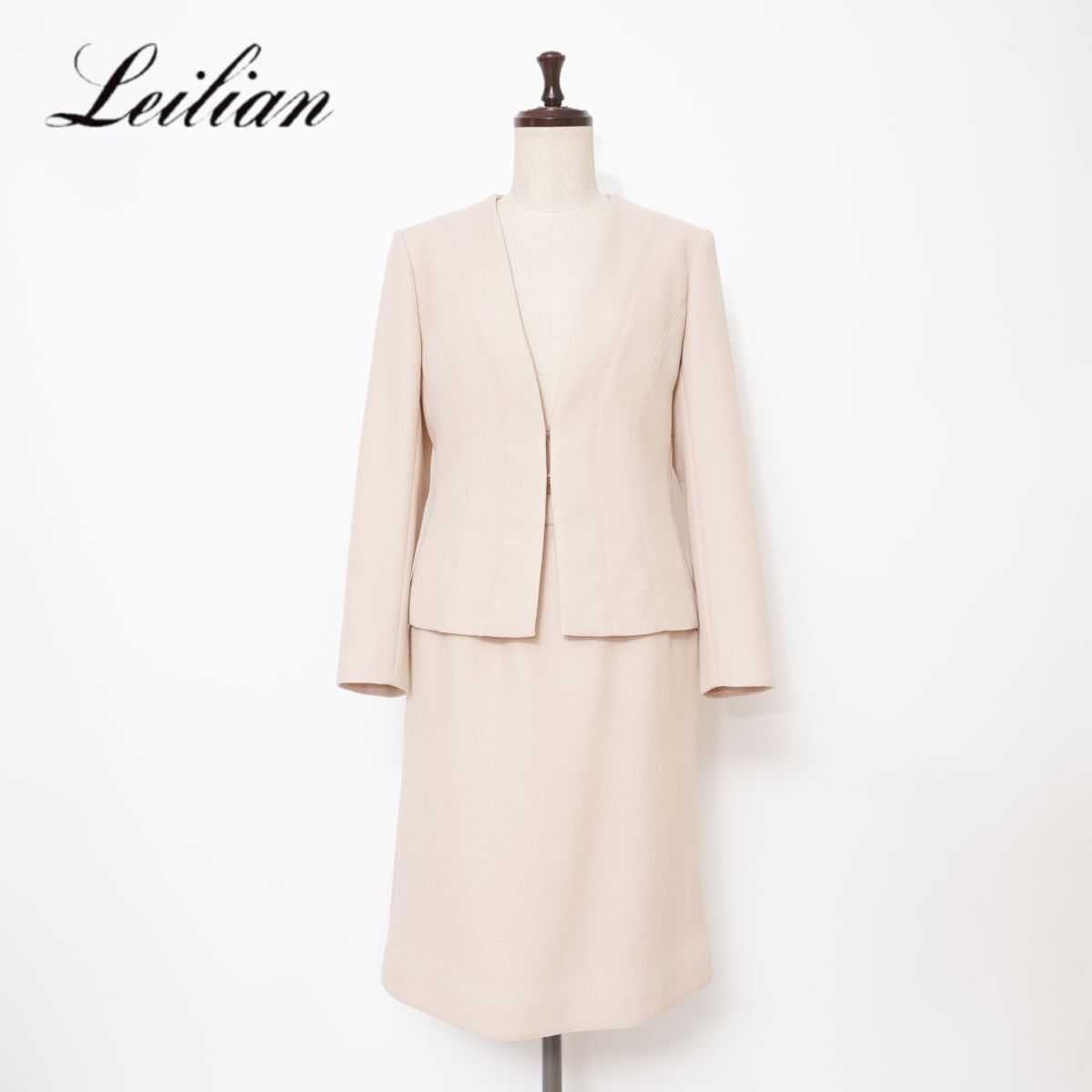 美品 Leilian レリアン ウール混 セットアップスカートスーツ ミモレ丈 背抜き レディース ライトベージュ サイズ7*GD751拍卖