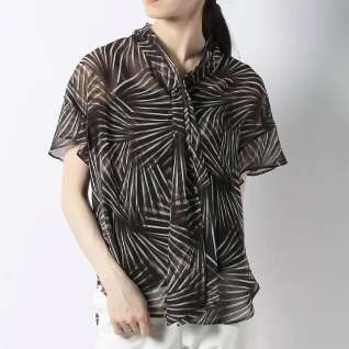 美品 Leilian レリアン リーフ調シアーシフォンブラウス 総柄 半袖 トップス レディース ブラック系 黒 サイズ13+*GD947拍卖