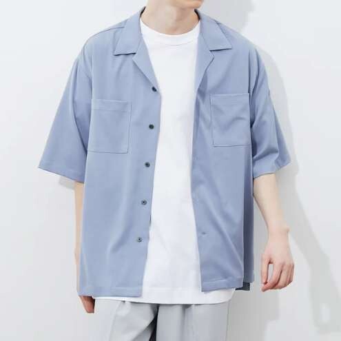 JUNRED ジュンレッド ドレープオープンカラー シャツ 半袖 とろみ素材 トップス メンズ くすみブルー 青 サイズS*GD886拍卖