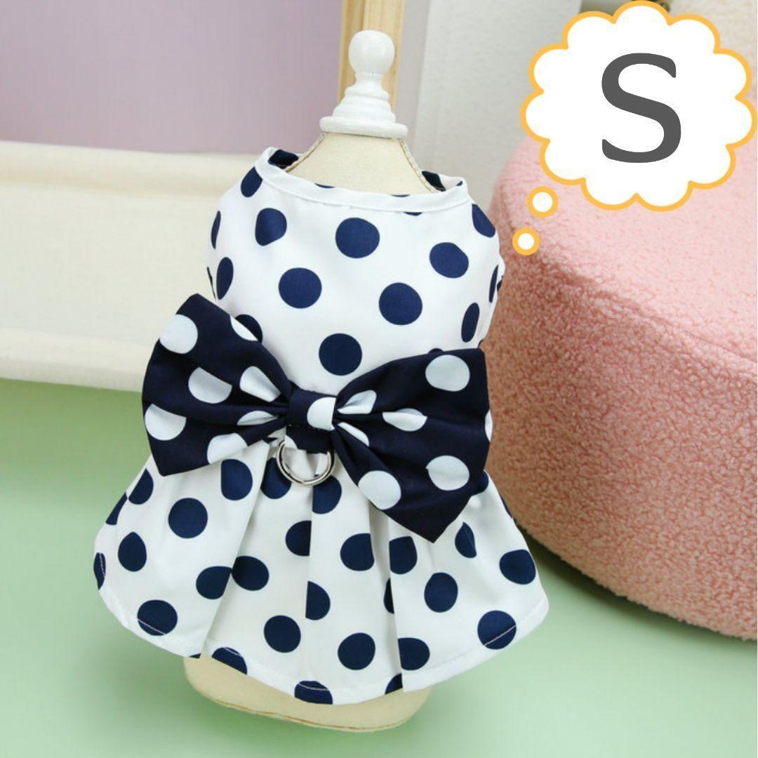 ドット ワンピース S 白 水玉 リボン 犬服 小型犬 新品 洋服 スカート 犬の服 ドッグウェア Dカン付き 拍卖