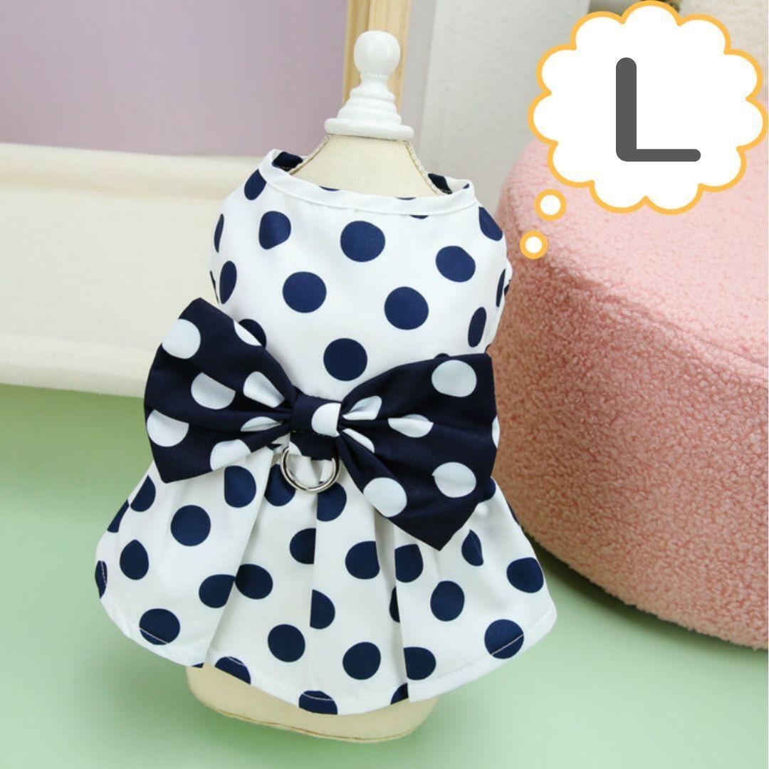 ドット リボン ワンピース L 白 水玉 犬服 新品 洋服 スカート ペット服 Dカン付き ドッグウェア 犬の服 女の子拍卖