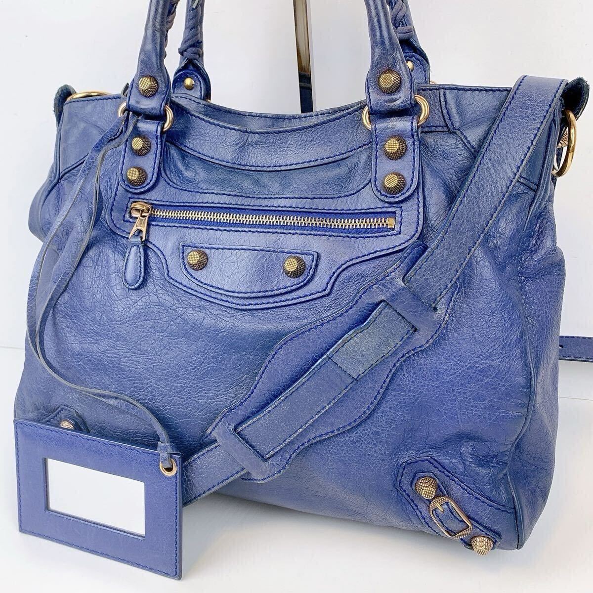 1円 BALENCIAGA ◆美品◆ バレンシアガ ジャイアント シティ ヴェロ 2way ハンドバッグ ショルダーバッグ ネイビー レザー 282010 ゴールド拍卖