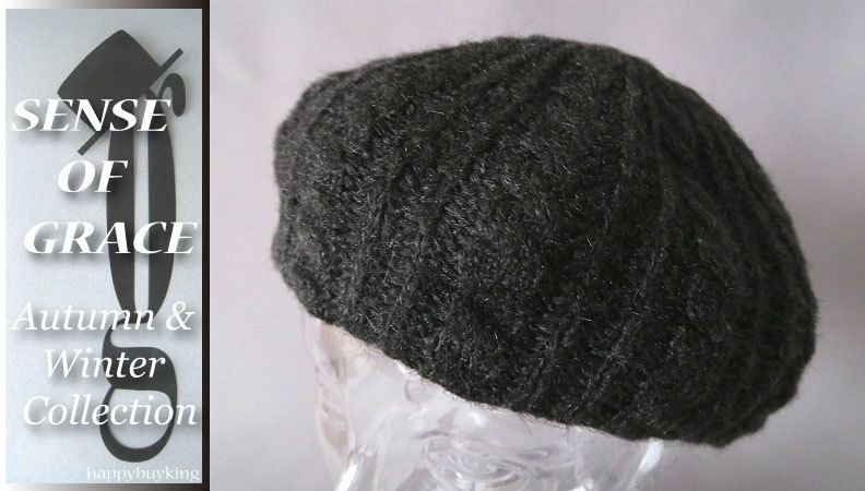 graceグレース★ケーブル編みニットベレー帽【黒】新品 定価¥3600 サイズ調節可能 男女兼用 センスオブグレース拍卖