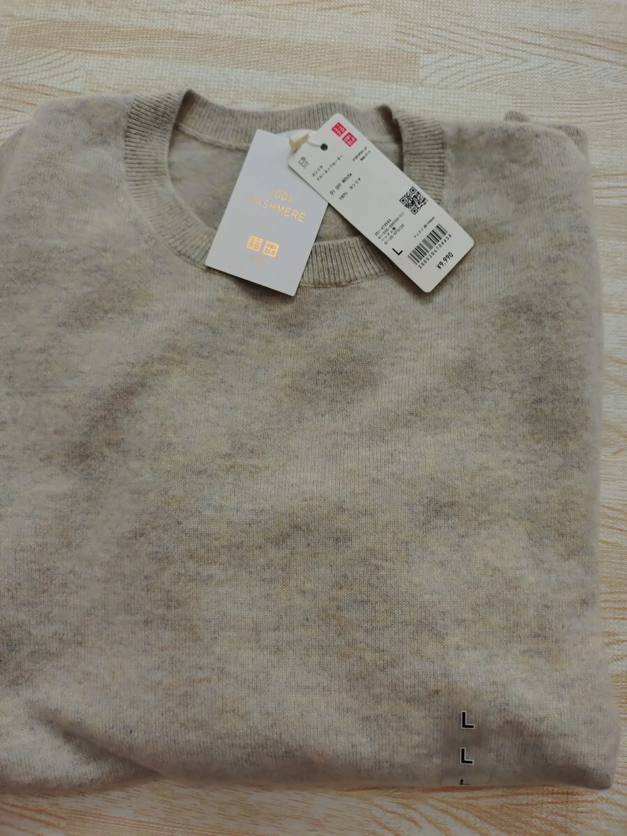 ★UNIQLO ユニクロ カシミヤ100% クルーネック ニット セーター オフホワイト メンズ L拍卖