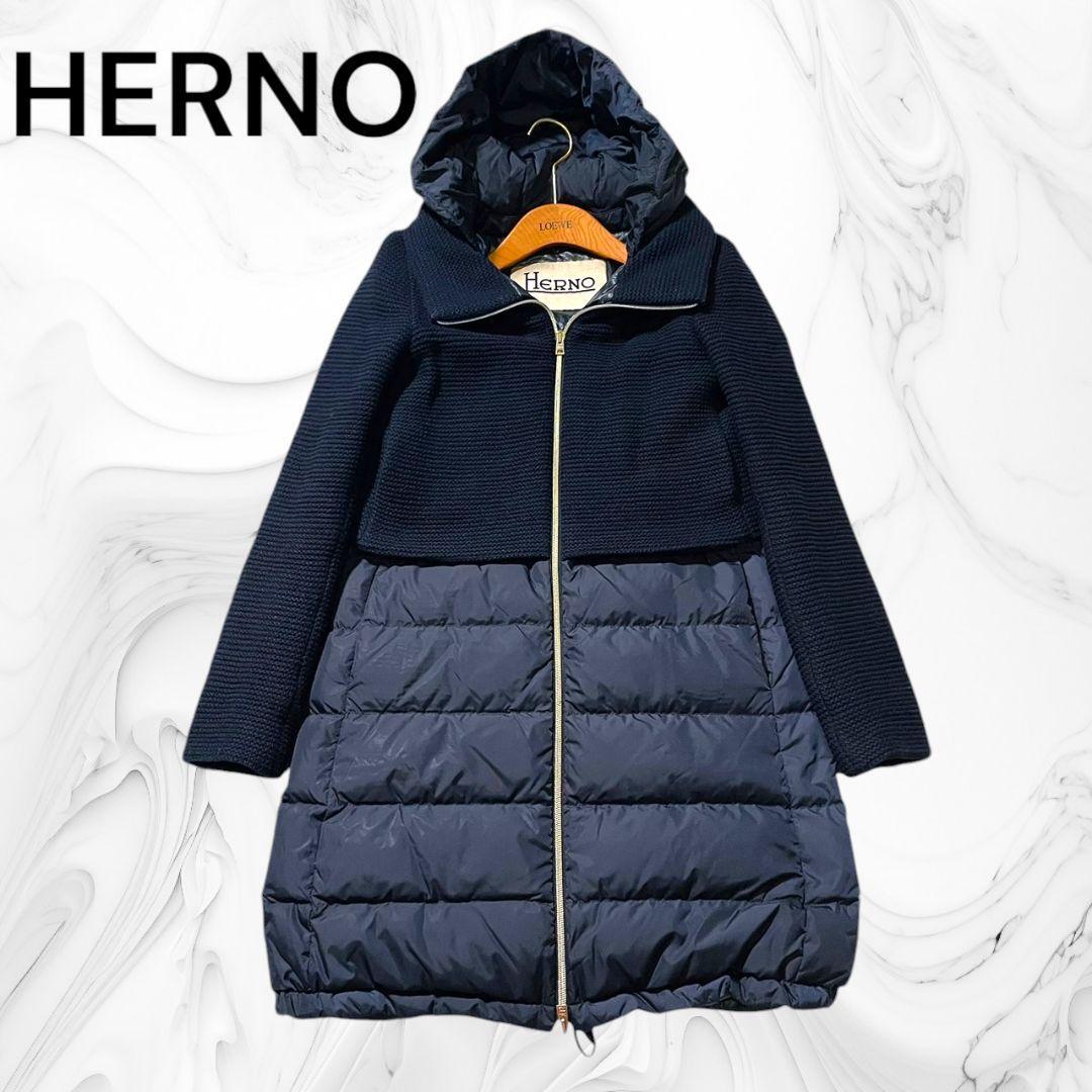 354 HERNO フード付きダウンジャケット ネイビー 切り替え拍卖