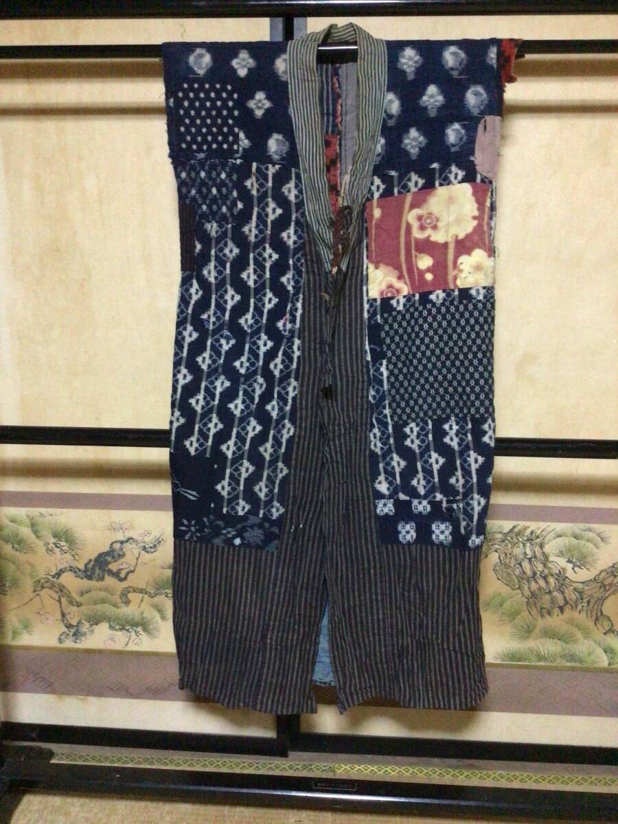 NO630、はなだの古布::絵絣×縞木綿袖取れ襤褸着物拍卖
