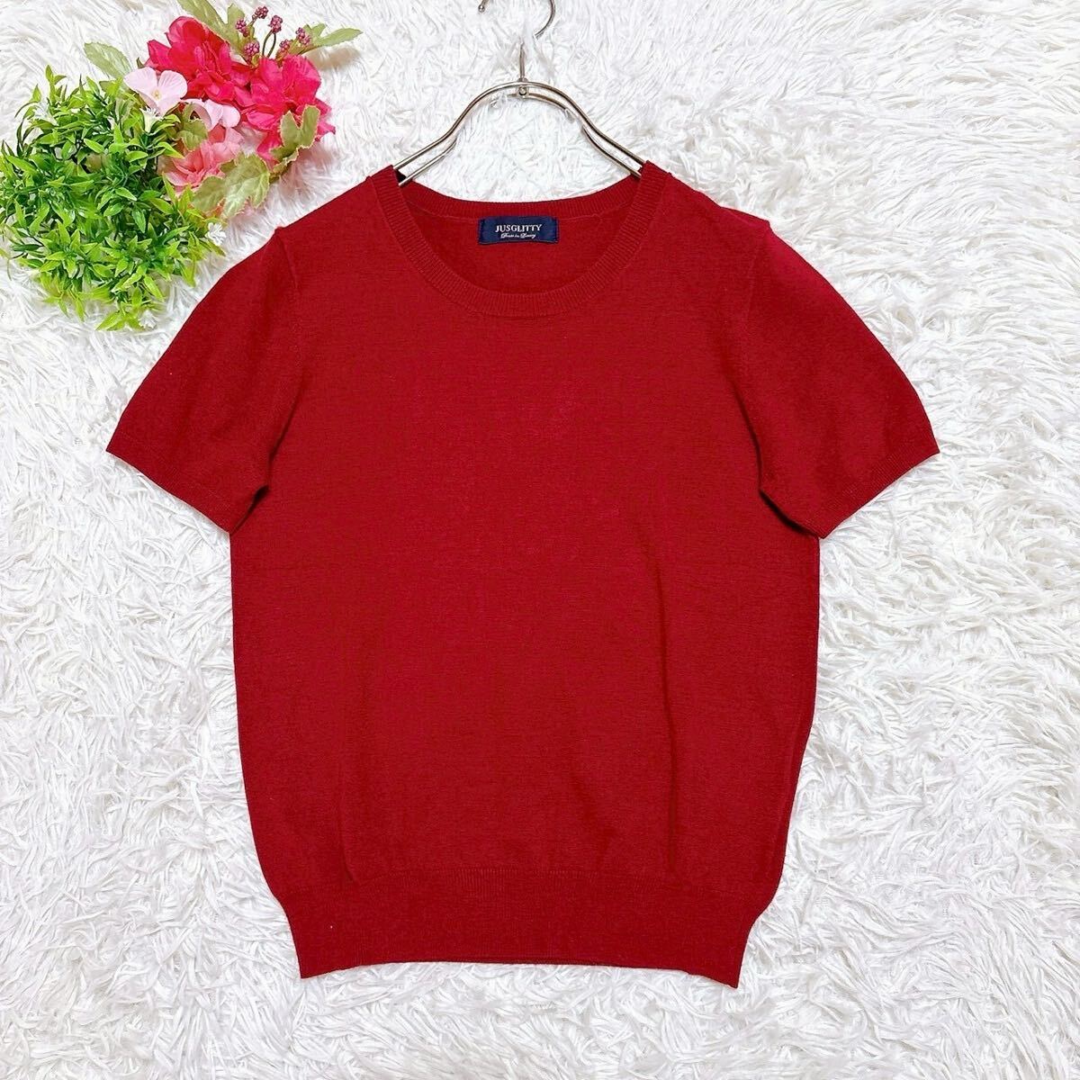 【ジャスグリッティー】 半袖ニット 丸襟 トップス セーター (M) カットソー レッド レーヨン混拍卖