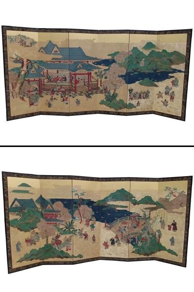 手渡し可 時代屏風 六曲一双 全幅:約362cm 公家 大名 日本画 時代物 骨董 一対 6曲 六扇二隻 旧家蔵出し 福井県拍卖