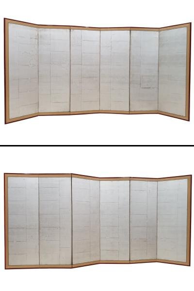 手渡し可 銀屏風 六曲一双 全幅:約360cm 時代物 骨董 一対 六扇二隻 6曲 旧家蔵出し W360cm×H175cm 中古 福井県拍卖