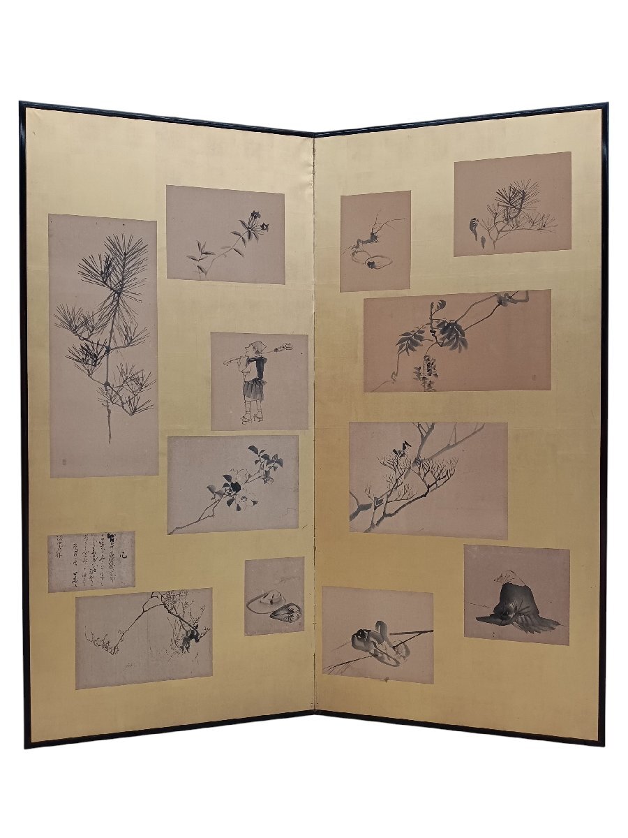 屏風 二曲 幅161×高さ173cm パーテーション 衝立 骨董 アンティーク インテリア 家具 日本 和風 中古 落款あり拍卖