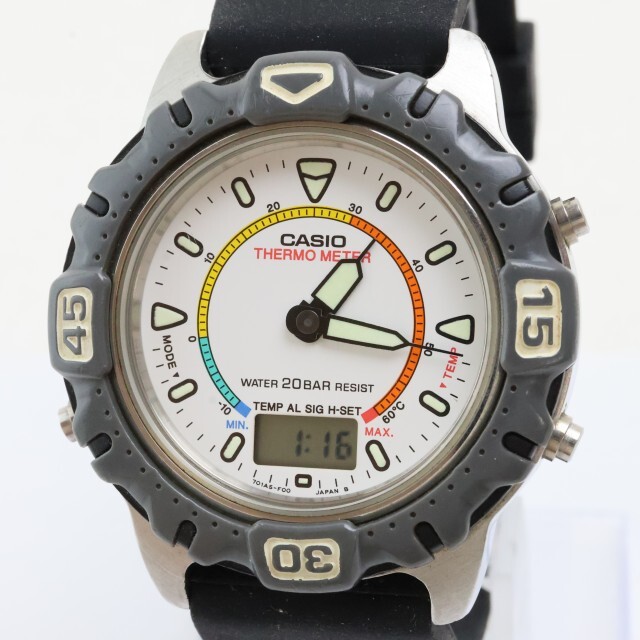 2510-736 QZ カシオ カジキ ダイバー AD-735 クオーツ 腕時計 CASIO アナデジ サーモメーター 回転ベゼル 銀色ケース拍卖