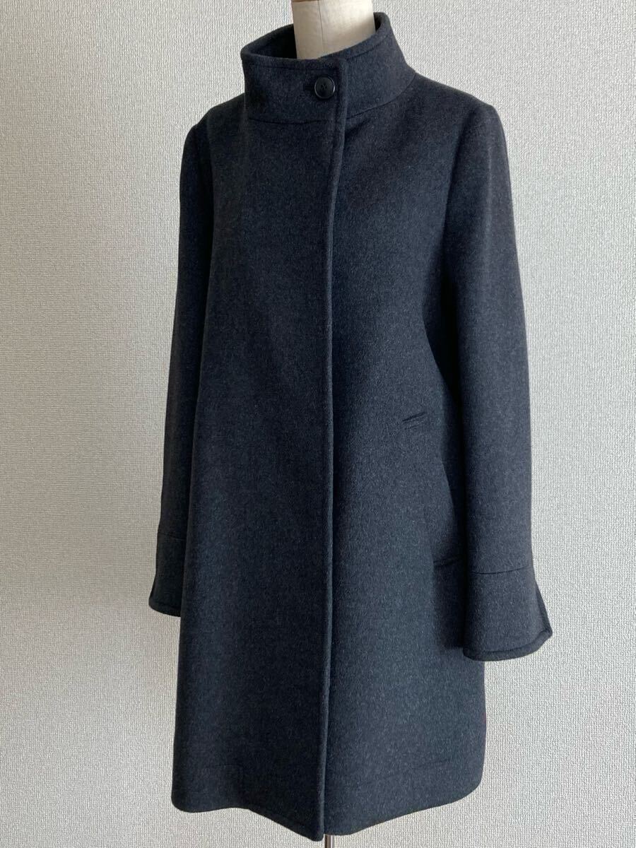 エレガント☆ 新品 未使用 メリオン MERION コート スタンドカラー ロング ウール混 11号 レディース 黒 ブラック グレー フォーマル対応拍卖