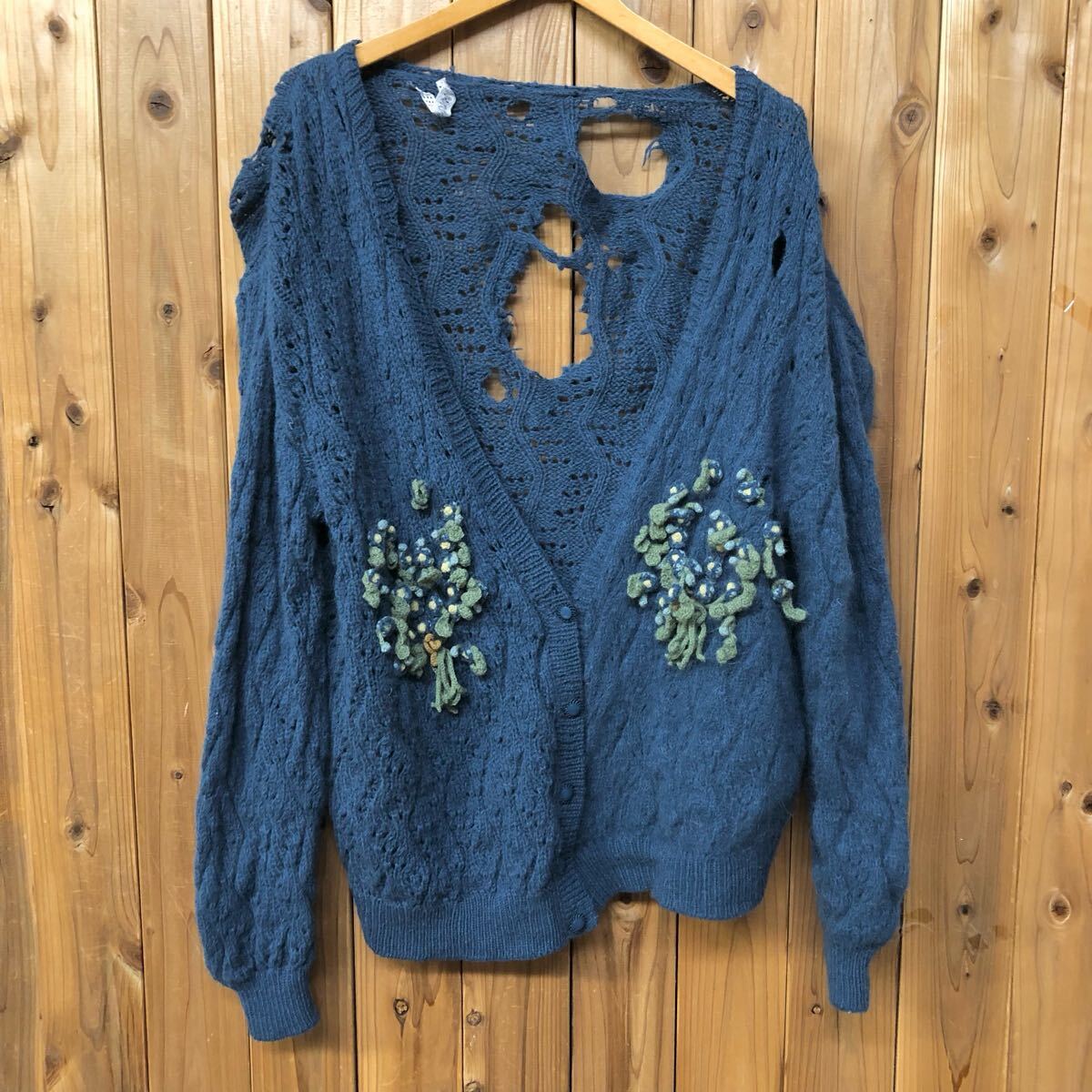 KANEKO ISAO カネコイサオ ニットカーディガン 羽織 長袖 青系 Vネック 花モチーフ アルパカ混 毛100% ジャンク品拍卖