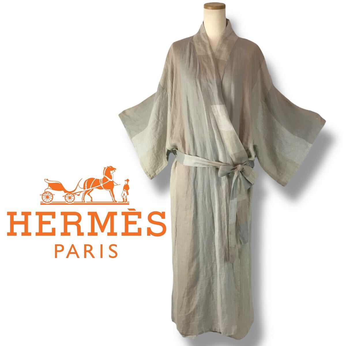 207 レア 希少 HERMES エルメス リネン 浴衣 和装 ガウン ワンピース 麻100% ストライプ レディース ドレス 長襦袢 正規品 イタリア製 和服拍卖