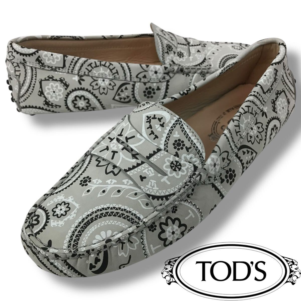 d223 未使用 TOD'S トッズ ドライビングシューズ スリッポン ローファー フラットシューズ ペイズリー柄 グレー 37.5 イタリア製 正規品拍卖