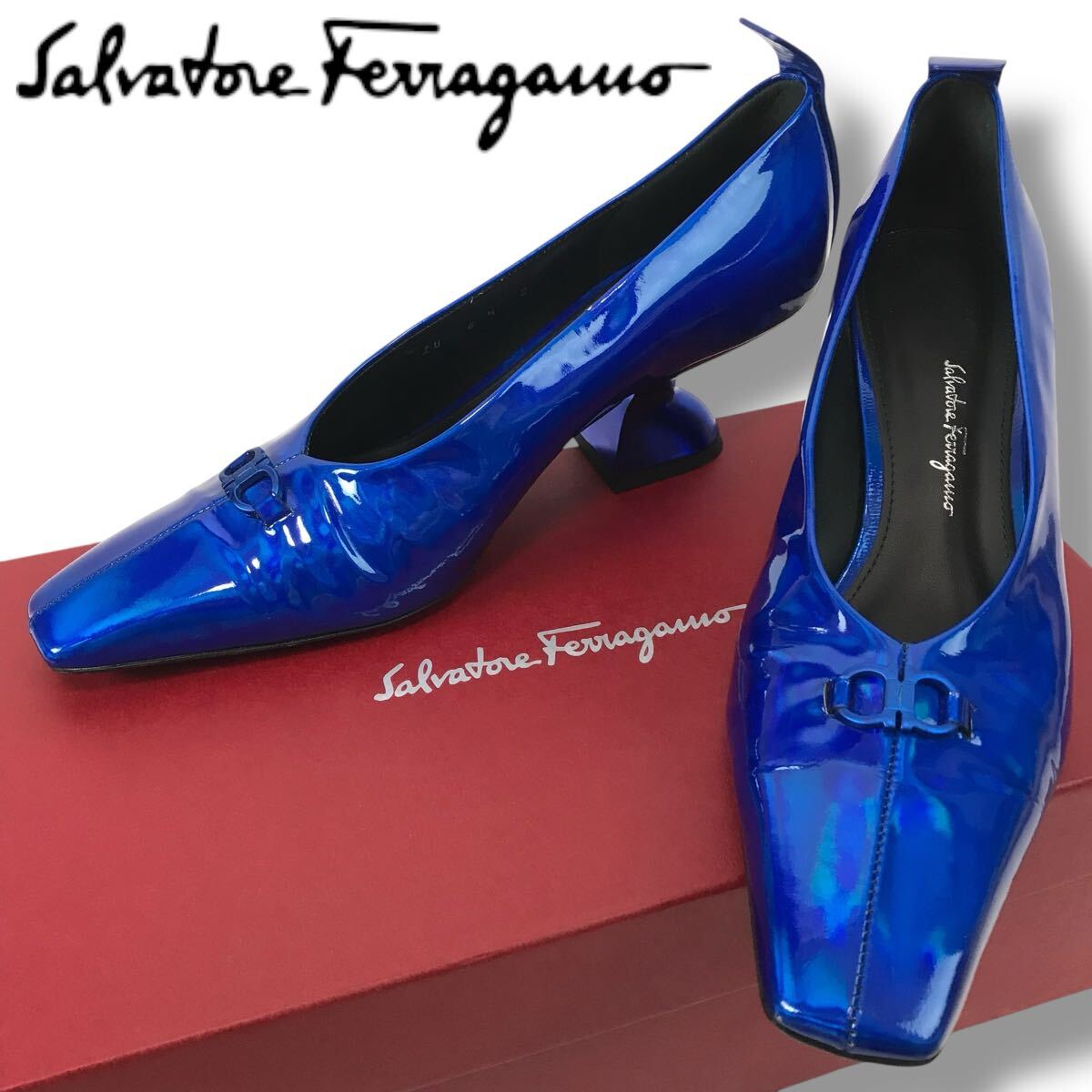 d228 良品 レア Salvatore Ferragamo サルヴァトーレフェラガモ エナメル パンプス パテントレザー ハイヒール オーロラブルー 6.5 正規品拍卖