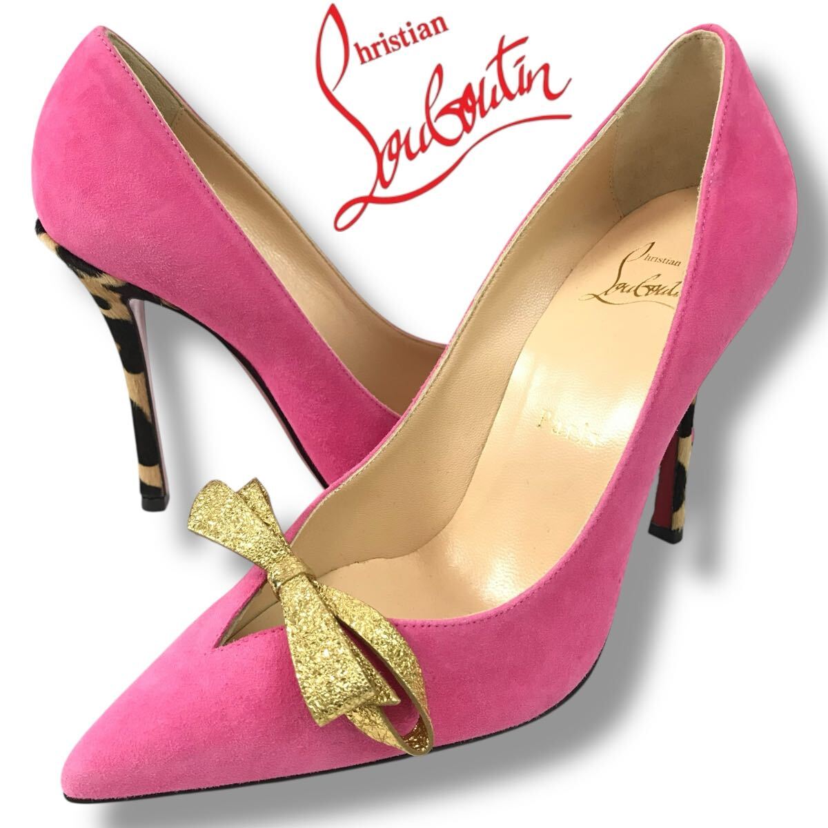 279 未使用 ChristianLouboutin クリスチャン ルブタン スエードレザー パンプス ハラコ リボン ハイヒール ピンク レオパード 36.5 正規品拍卖