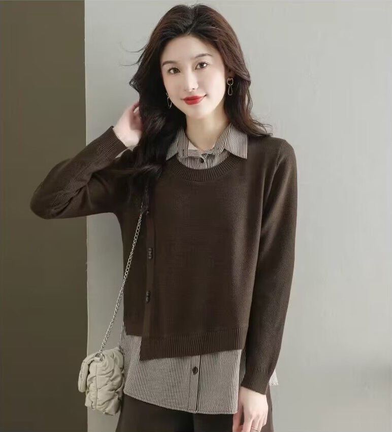 同梱1万円送料無料レイヤード風ニット セーターシャツ長袖チュニックレディースブラウスニットトップス切り替え異素材セーター~ブラウン拍卖